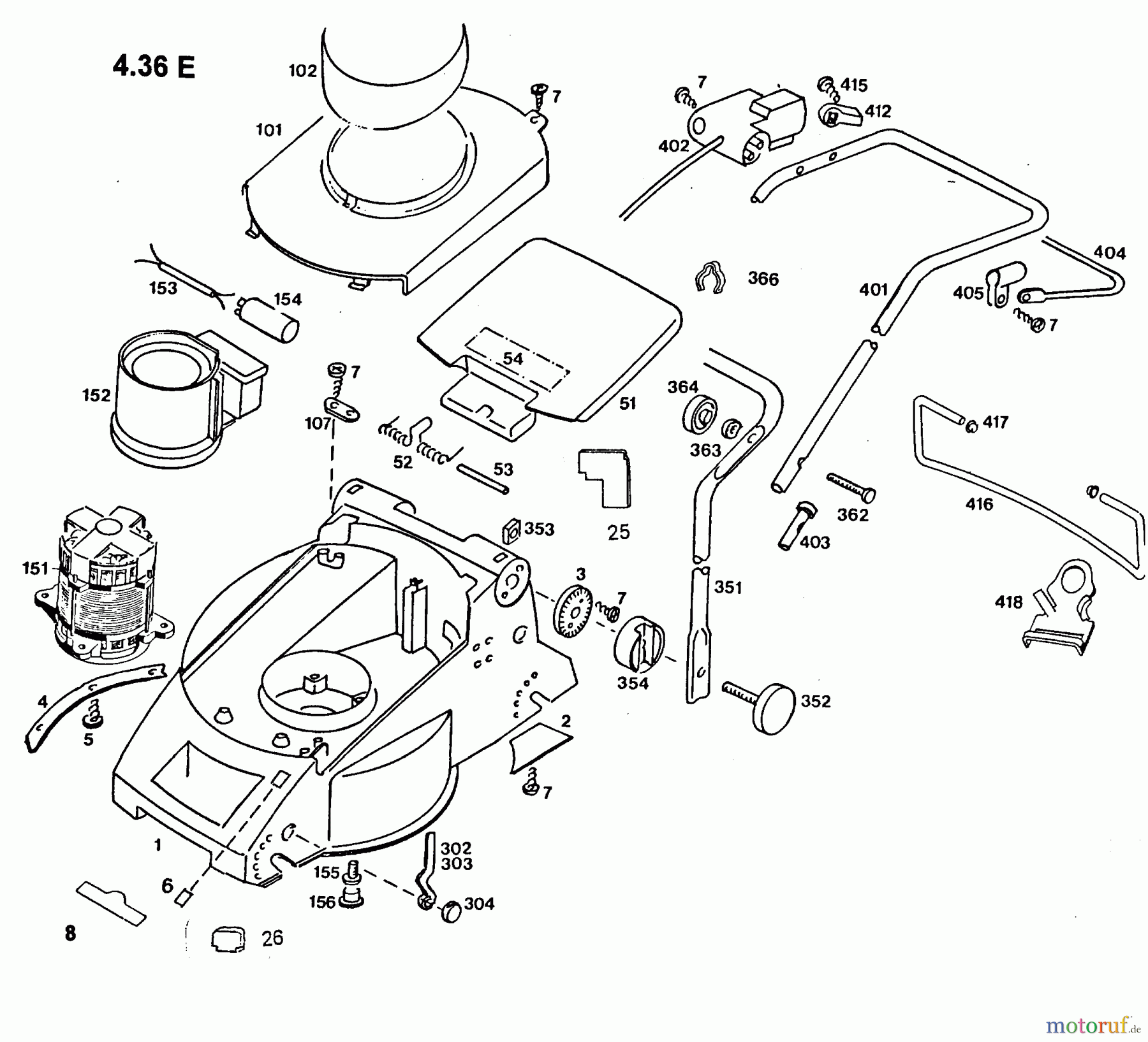  Wolf-Garten Elektromäher 4.36 E 4916000 Serie D  (1996) Elektromotor, Heckklappe, Holm
