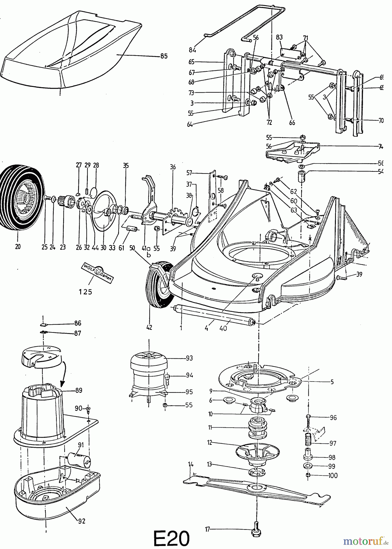  Wolf-Garten Elektromäher mit Antrieb 4.46 EA 6902000 Serie A  (1996) Mähwerksgehäuse, Messer, Messeraufnahme