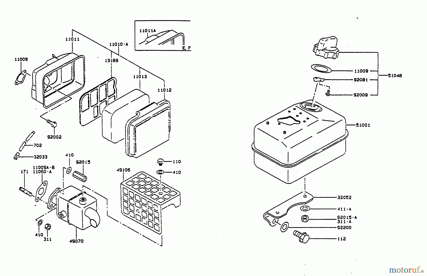  Wolf-Garten Benzinmotoren Kawasaki FA 76 2055000 Serie F, G  (1996) Auspuff, Luftfilter, Tank