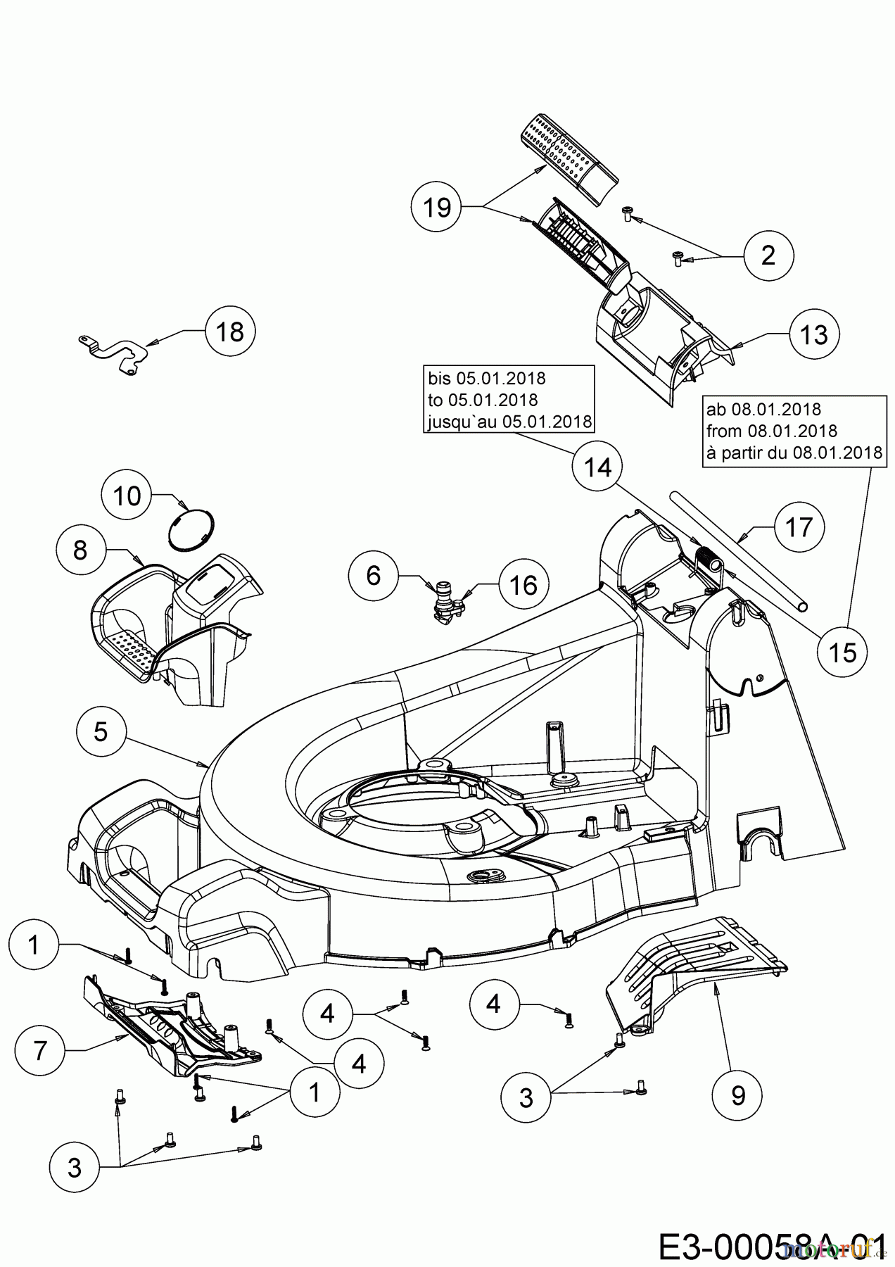  WOLF-Garten Expert Motormäher mit Antrieb Expert 53 B S 12A-ZA7F650  (2018) Leitstück hinten, Mähwerksgehäuse, Stange für Heckklappe, Seitenverkleidungen