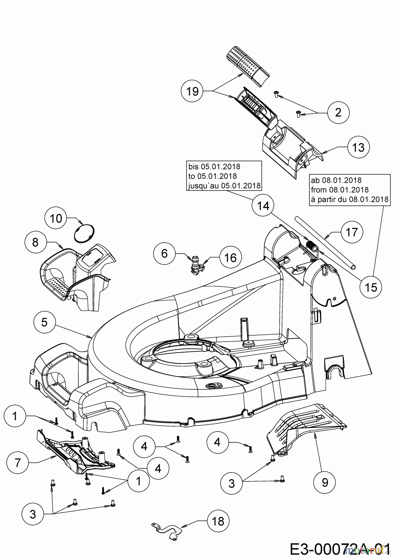  WOLF-Garten Expert Motormäher mit Antrieb Expert 53 B ES V 12ARZA9B650  (2018) Leitstück hinten, Mähwerksgehäuse, Stange für Heckklappe, Seitenverkleidungen