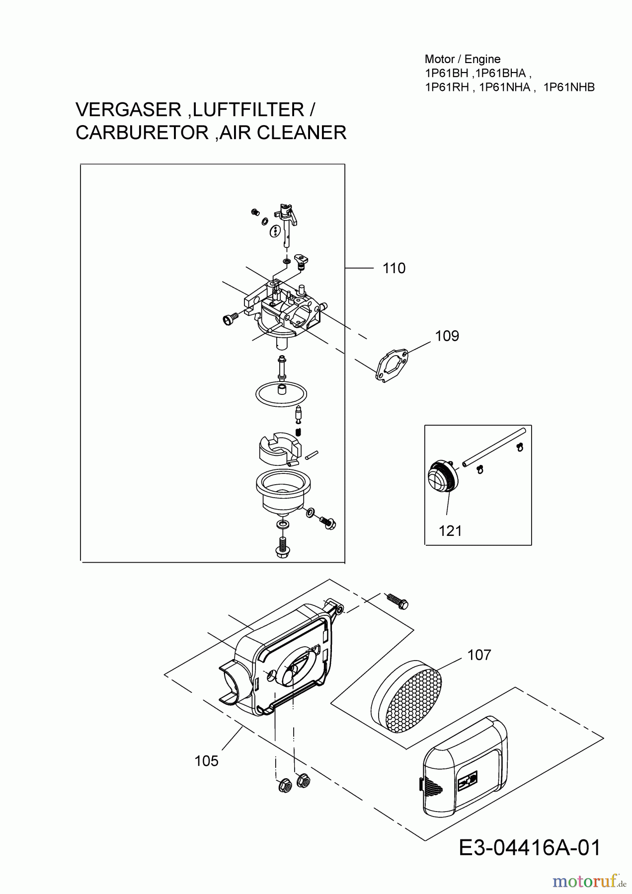  Wolf-Garten Benzinmotoren MTD 1 P 61 NHA 752Z1P61NHA  (2011) Vergaser, Luftfilter