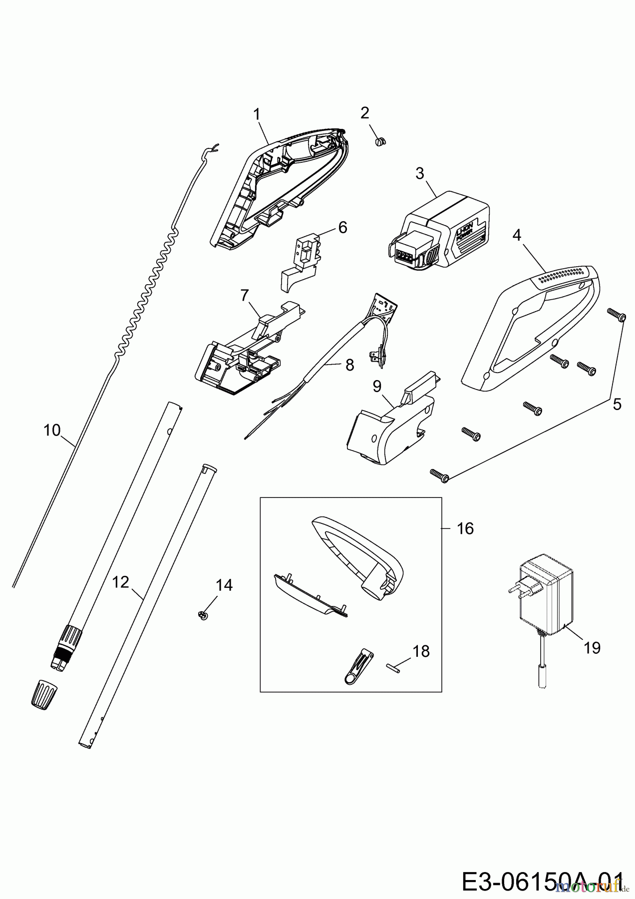  Wolf-Garten Akkutrimmer Li-Ion Power GT 815 7134880 Serie G  (2011) Handgriff, Schalter, Stiel