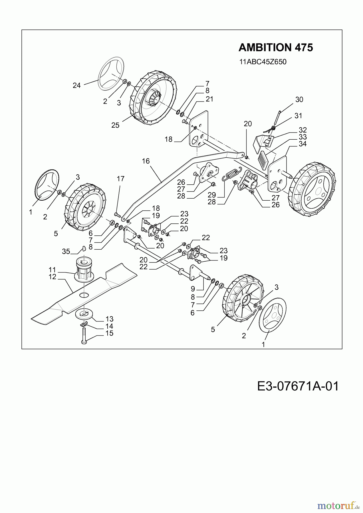 Wolf-Garten Motormäher Ambition 475 11ABC45Z650 (2012) Messer, Räder, Schnitthöhenverstellung