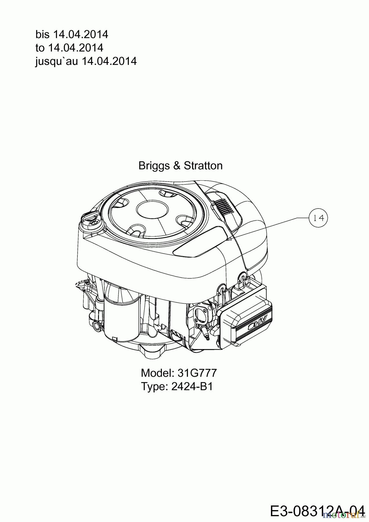  WOLF-Garten Expert Rasentraktoren Expert 105.175 A 13HD90WN650  (2014) Motor Briggs & Stratton bis 14.04.2014