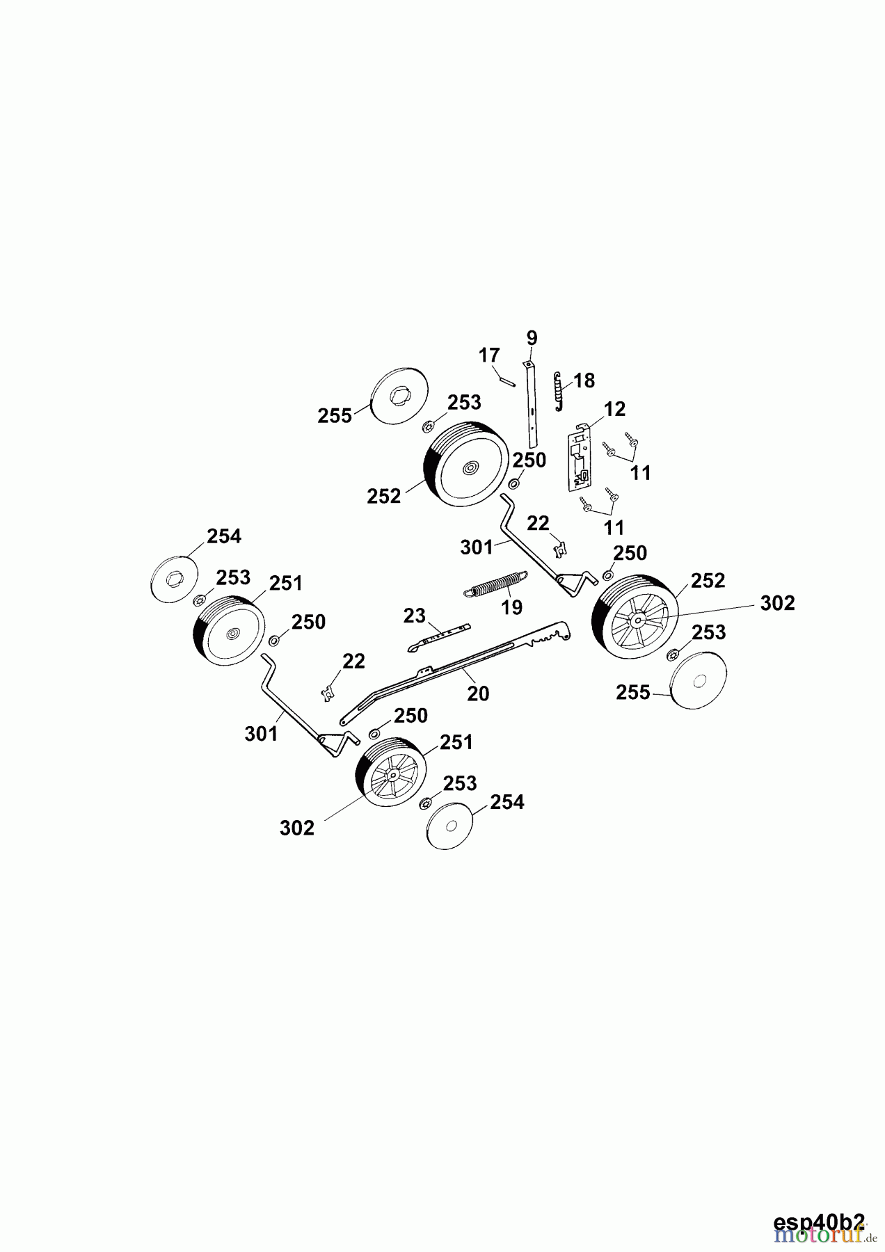  Wolf-Garten Motormäher Esprit 40 B 4001000 Serie B-D  (2003) Räder, Schnitthöhenverstellung
